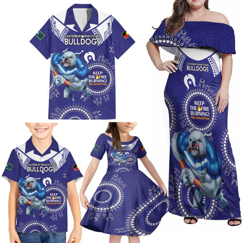 Custom NRL Bulldogs NAIDOC Week Family Matching Off Shoulder Maxi Dress and Hawaiian Shirt Keep The Fire Burning Indigenous Art