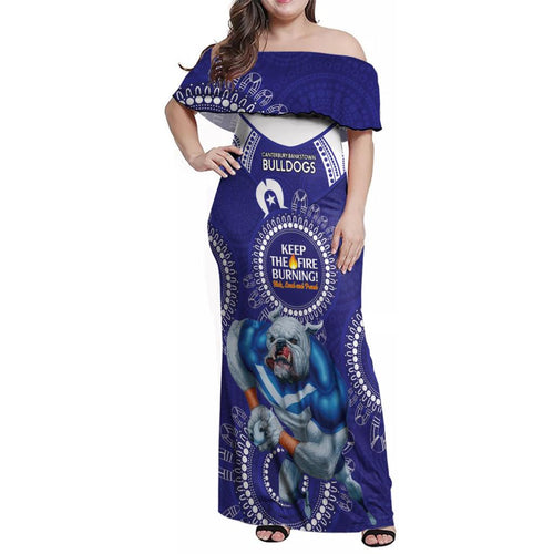 Custom NRL Bulldogs NAIDOC Week Family Matching Off Shoulder Maxi Dress and Hawaiian Shirt Keep The Fire Burning Indigenous Art