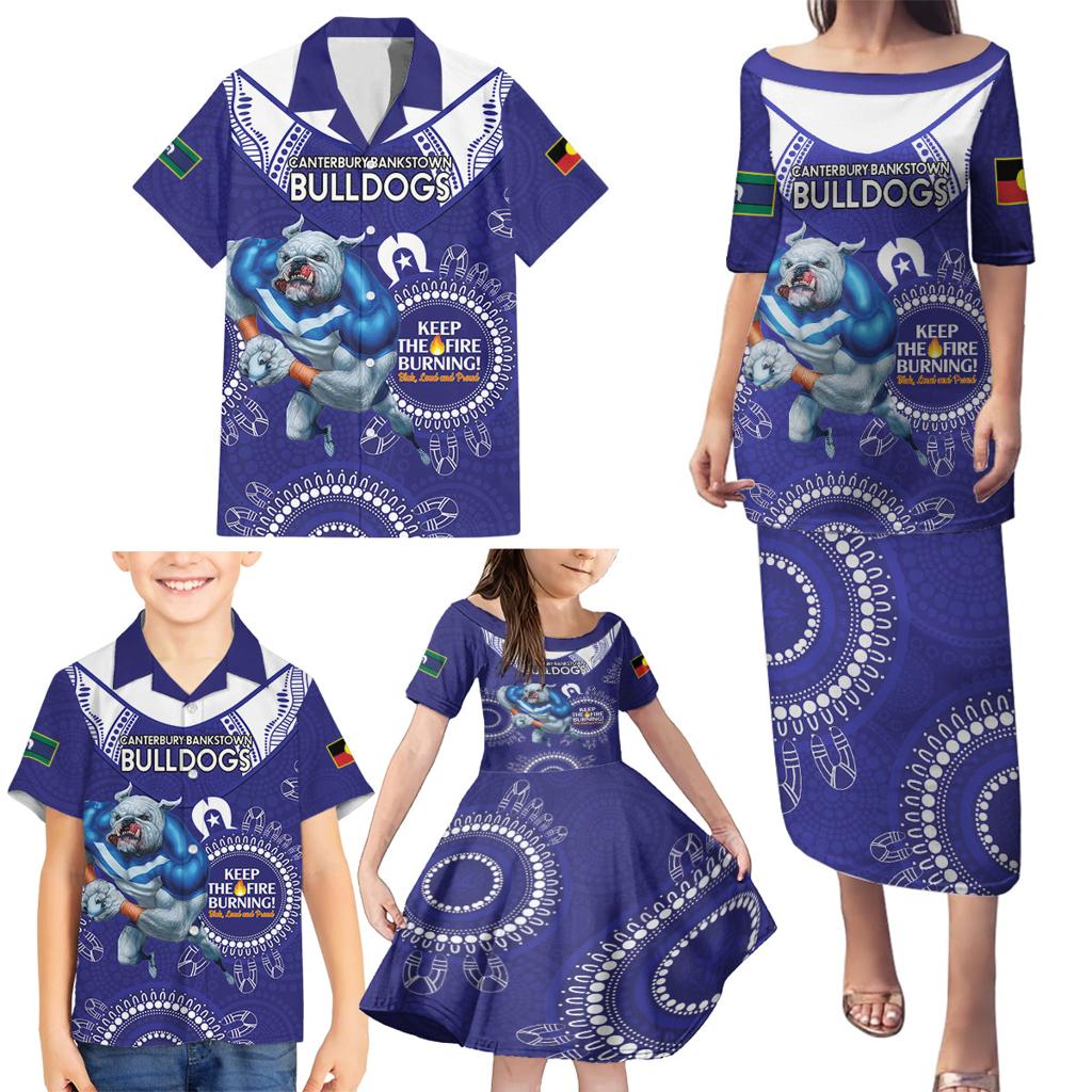 Custom NRL Bulldogs NAIDOC Week Family Matching Puletasi and Hawaiian Shirt Keep The Fire Burning Indigenous Art