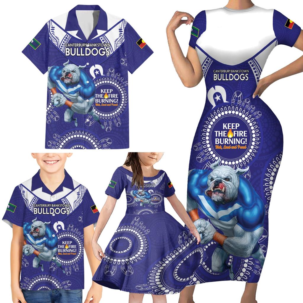 Custom NRL Bulldogs NAIDOC Week Family Matching Short Sleeve Bodycon Dress and Hawaiian Shirt Keep The Fire Burning Indigenous Art