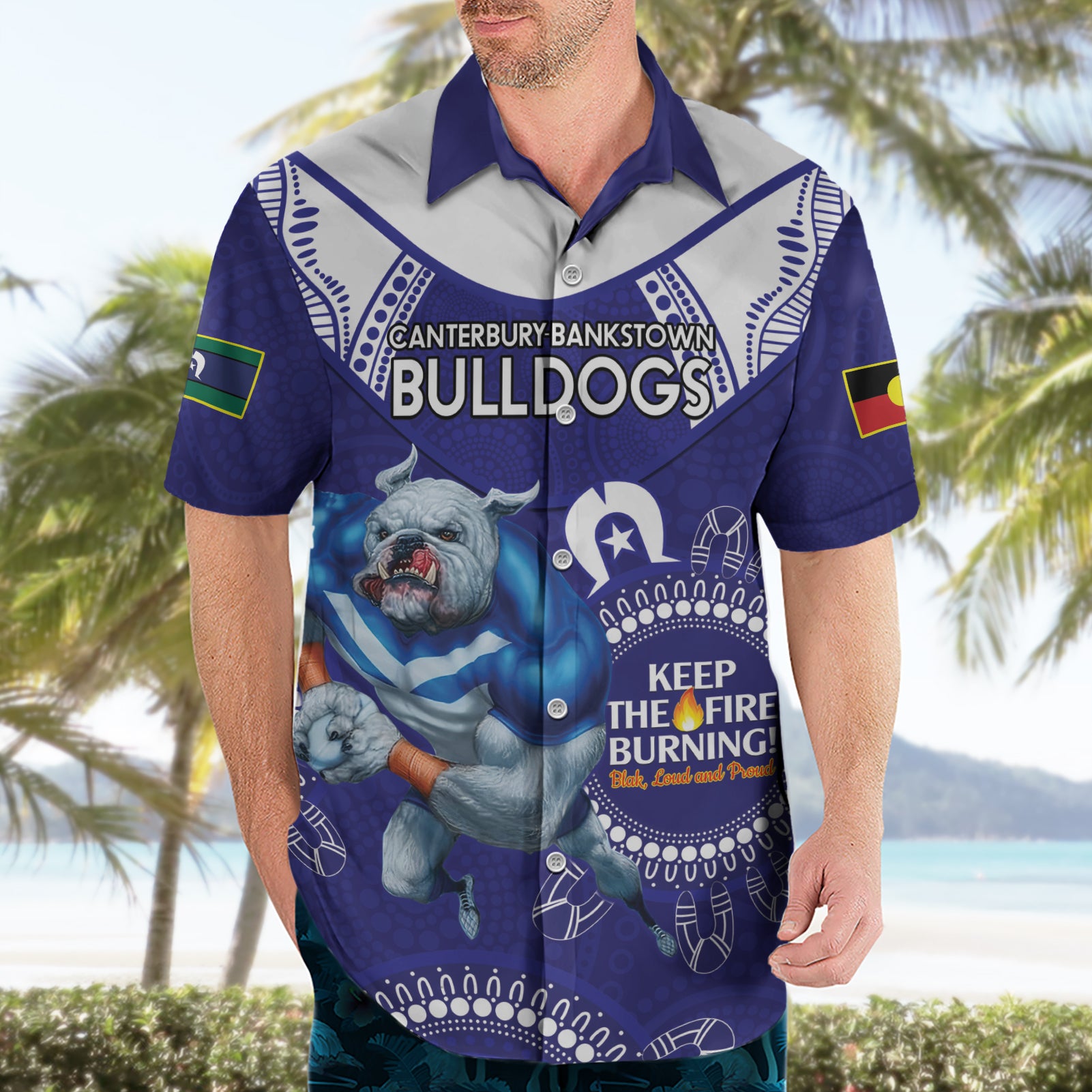 Custom NRL Bulldogs NAIDOC Week Hawaiian Shirt Keep The Fire Burning Indigenous Art