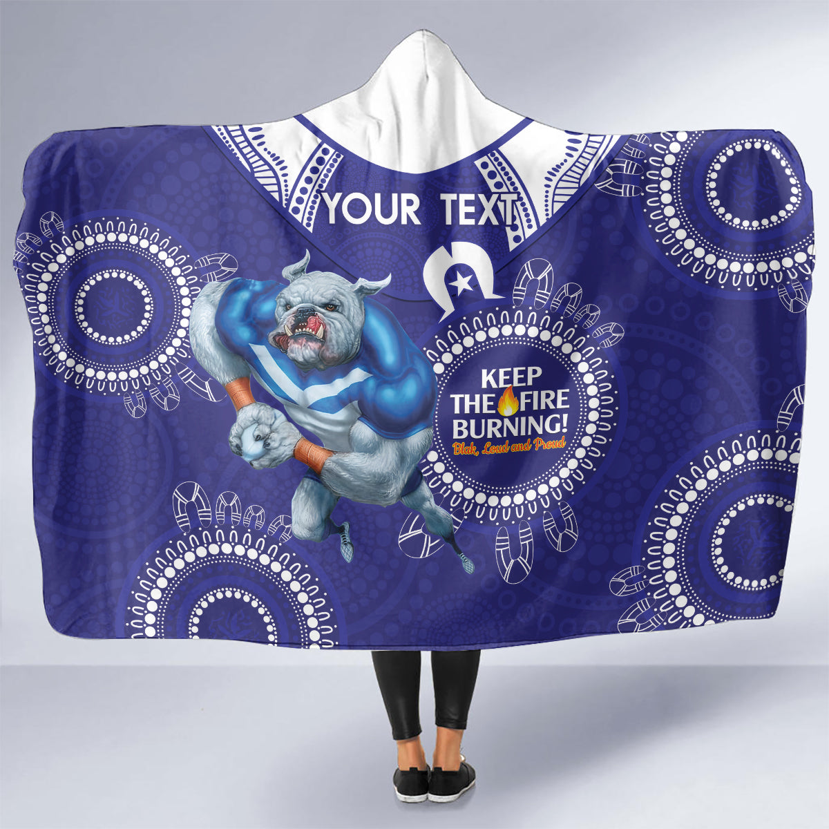 Custom NRL Bulldogs NAIDOC Week Hooded Blanket Keep The Fire Burning Indigenous Art