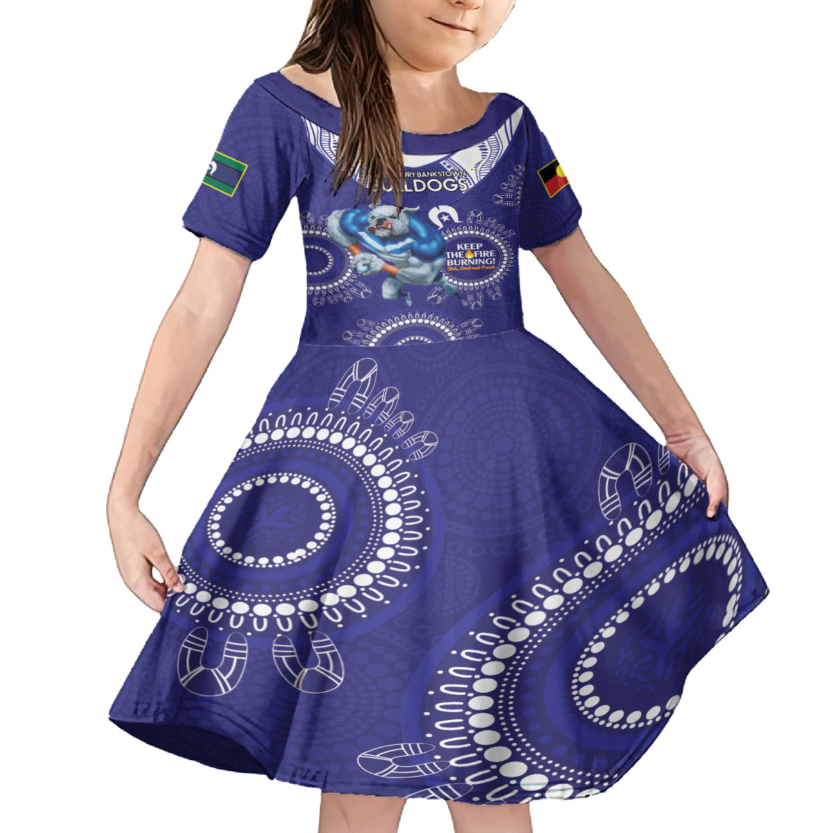 Custom NRL Bulldogs NAIDOC Week Kid Short Sleeve Dress Keep The Fire Burning Indigenous Art