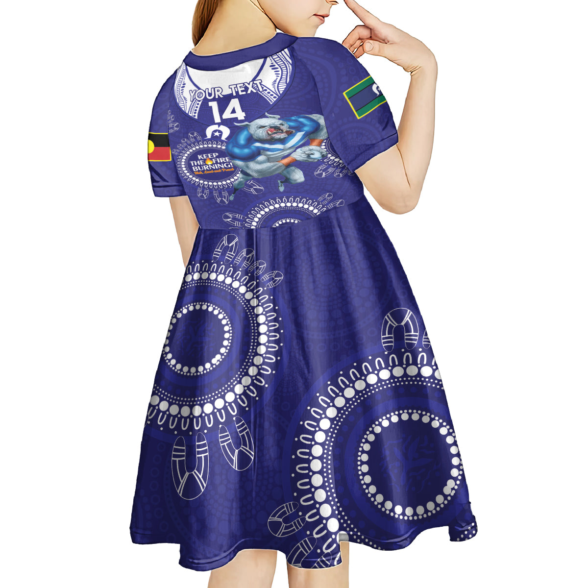 Custom NRL Bulldogs NAIDOC Week Kid Short Sleeve Dress Keep The Fire Burning Indigenous Art