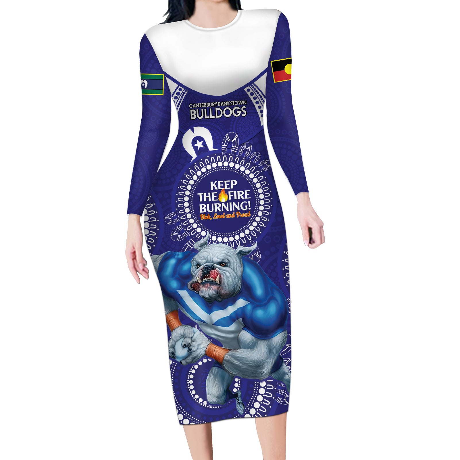 Custom NRL Bulldogs NAIDOC Week Long Sleeve Bodycon Dress Keep The Fire Burning Indigenous Art