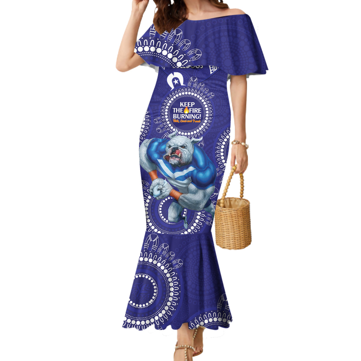 Custom NRL Bulldogs NAIDOC Week Mermaid Dress Keep The Fire Burning Indigenous Art