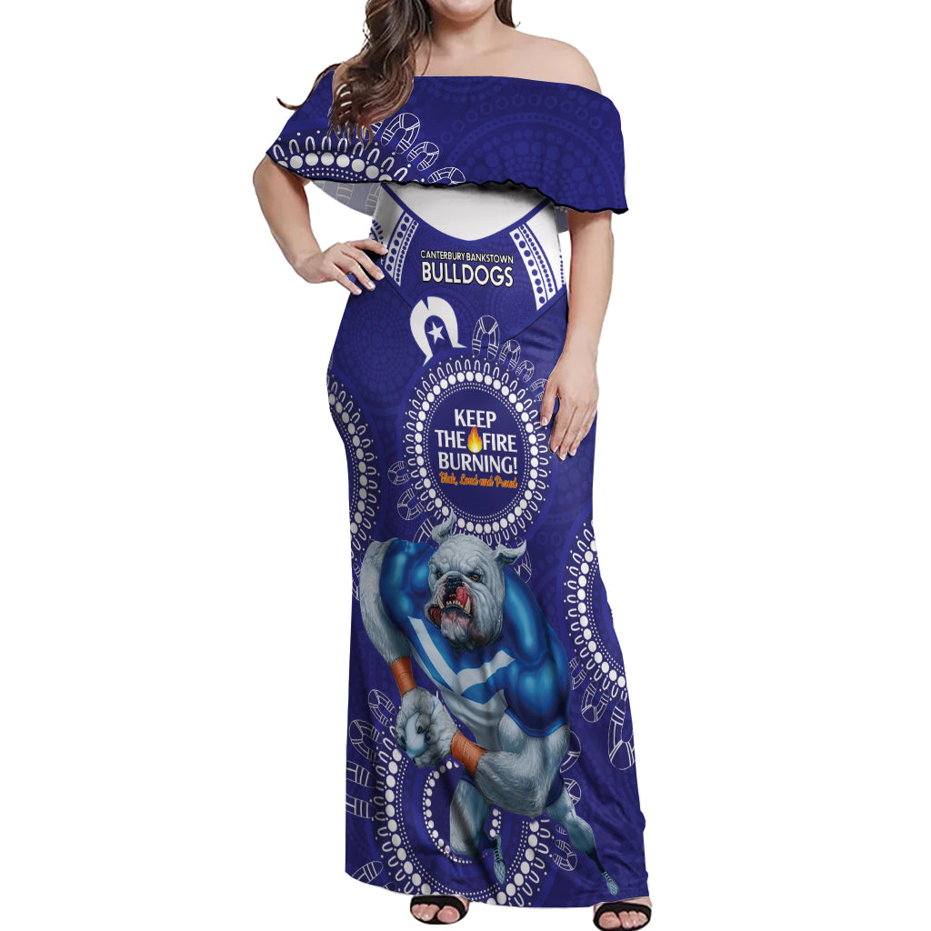 Custom NRL Bulldogs NAIDOC Week Off Shoulder Maxi Dress Keep The Fire Burning Indigenous Art