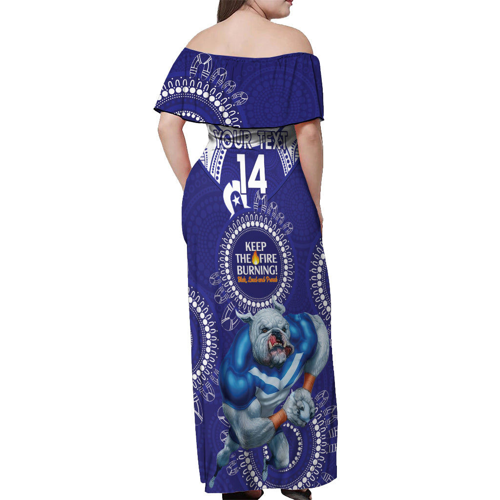 Custom NRL Bulldogs NAIDOC Week Off Shoulder Maxi Dress Keep The Fire Burning Indigenous Art