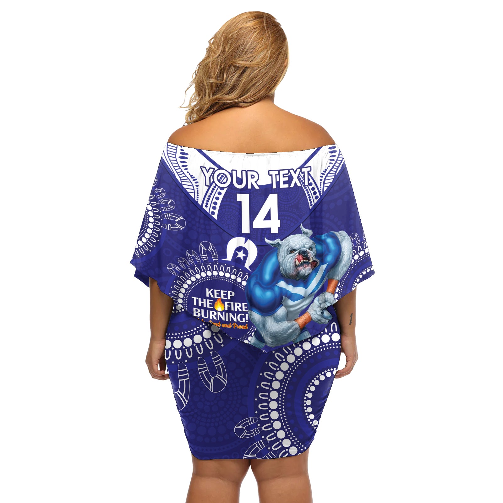 Custom NRL Bulldogs NAIDOC Week Off Shoulder Short Dress Keep The Fire Burning Indigenous Art