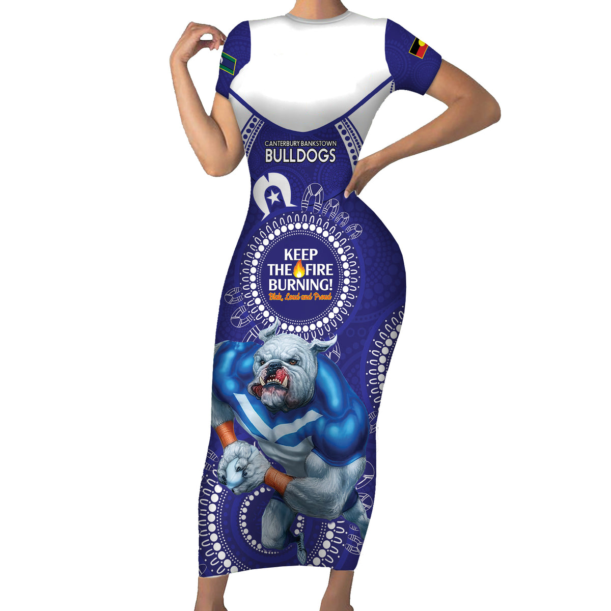 Custom NRL Bulldogs NAIDOC Week Short Sleeve Bodycon Dress Keep The Fire Burning Indigenous Art