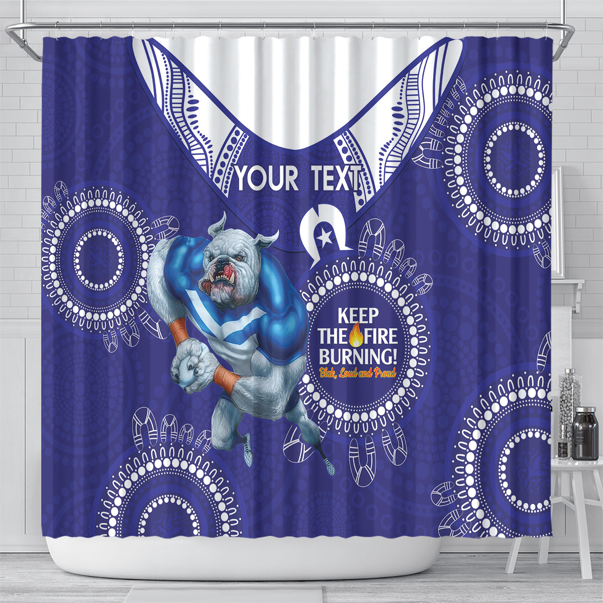Custom NRL Bulldogs NAIDOC Week Shower Curtain Keep The Fire Burning Indigenous Art