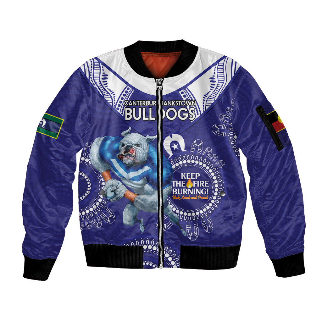 Custom NRL Bulldogs NAIDOC Week Sleeve Zip Bomber Jacket Keep The Fire Burning Indigenous Art