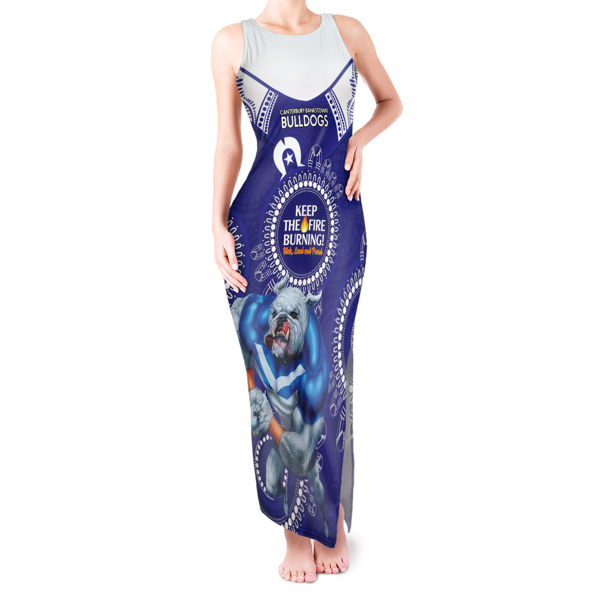 Custom NRL Bulldogs NAIDOC Week Tank Maxi Dress Keep The Fire Burning Indigenous Art