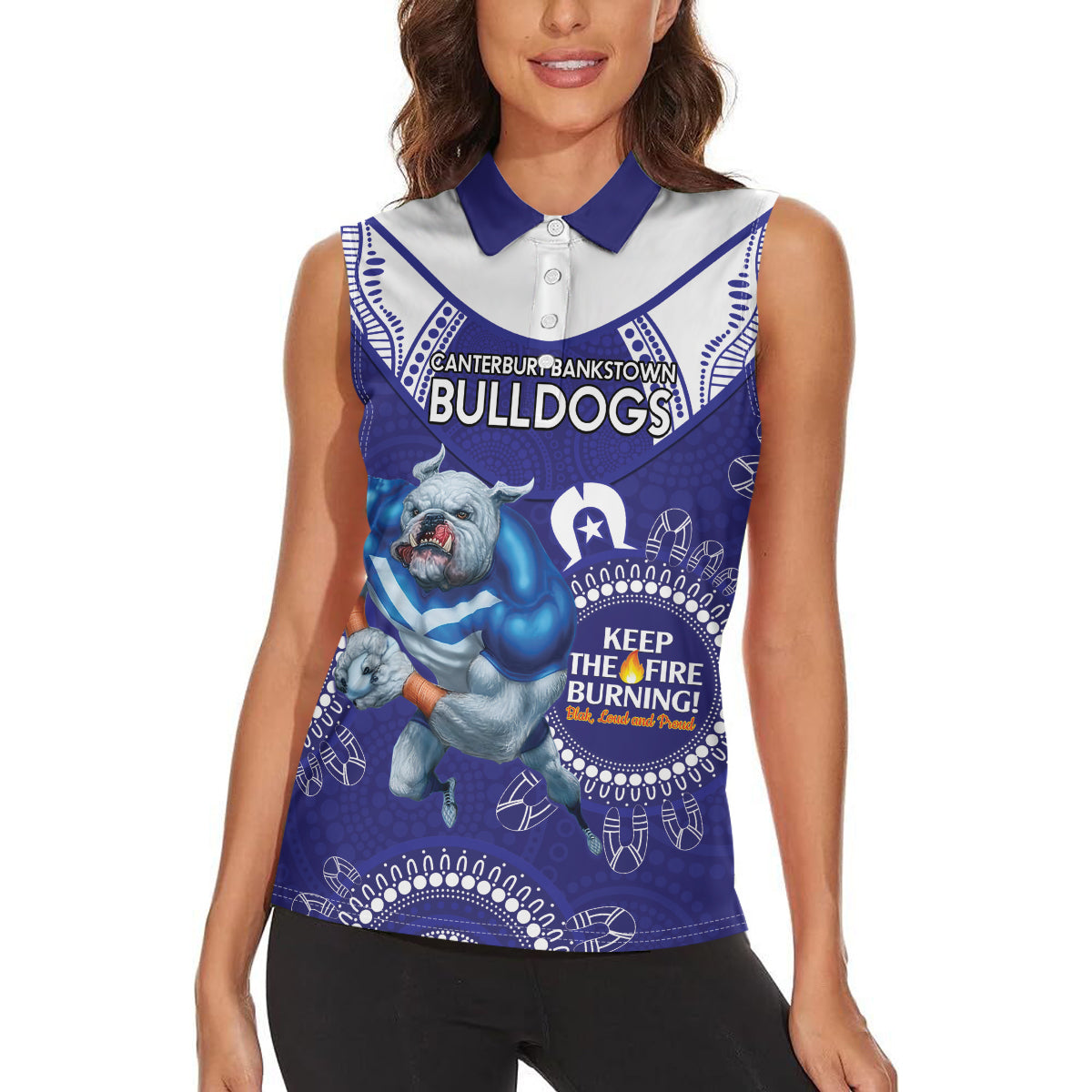 Custom NRL Bulldogs NAIDOC Week Women Sleeveless Polo Shirt Keep The Fire Burning Indigenous Art