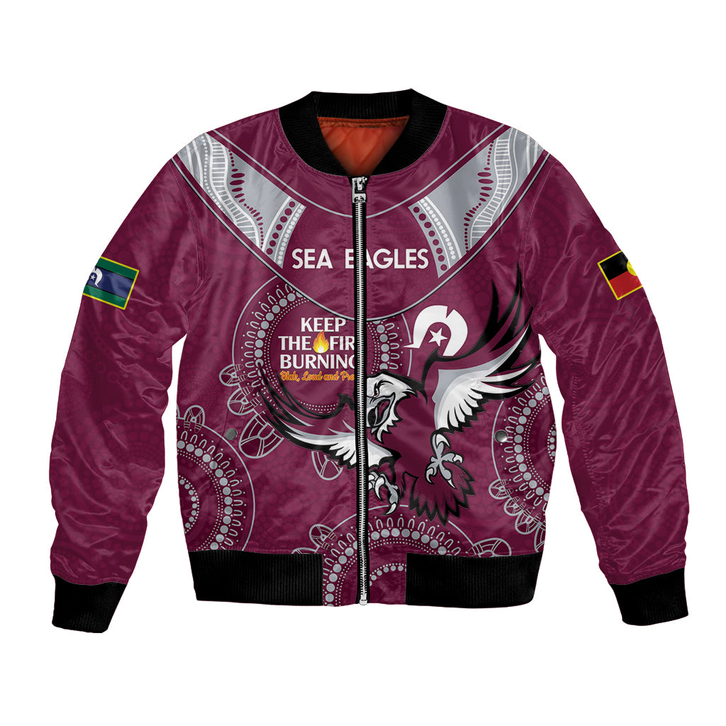 Custom NRL Sea Eagles NAIDOC Week Bomber Jacket Keep The Fire Burning Indigenous Art