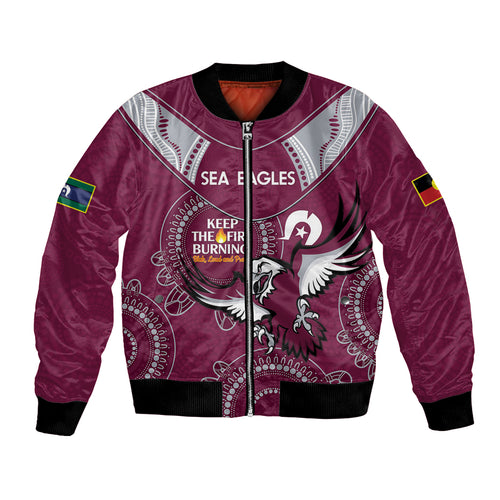 Custom NRL Sea Eagles NAIDOC Week Bomber Jacket Keep The Fire Burning Indigenous Art