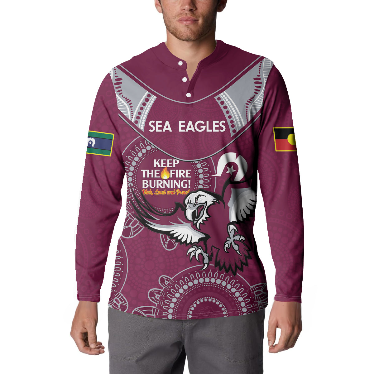 Custom NRL Sea Eagles NAIDOC Week Button Sweatshirt Keep The Fire Burning Indigenous Art