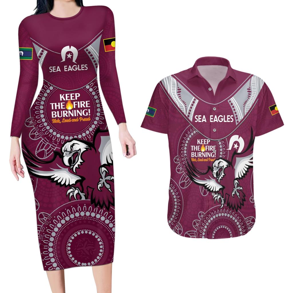 Custom NRL Sea Eagles NAIDOC Week Couples Matching Long Sleeve Bodycon Dress and Hawaiian Shirt Keep The Fire Burning Indigenous Art