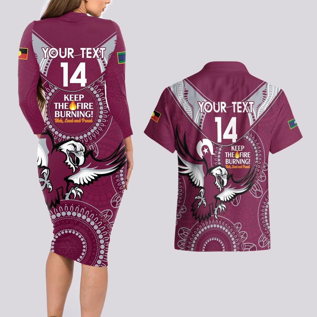 Custom NRL Sea Eagles NAIDOC Week Couples Matching Long Sleeve Bodycon Dress and Hawaiian Shirt Keep The Fire Burning Indigenous Art
