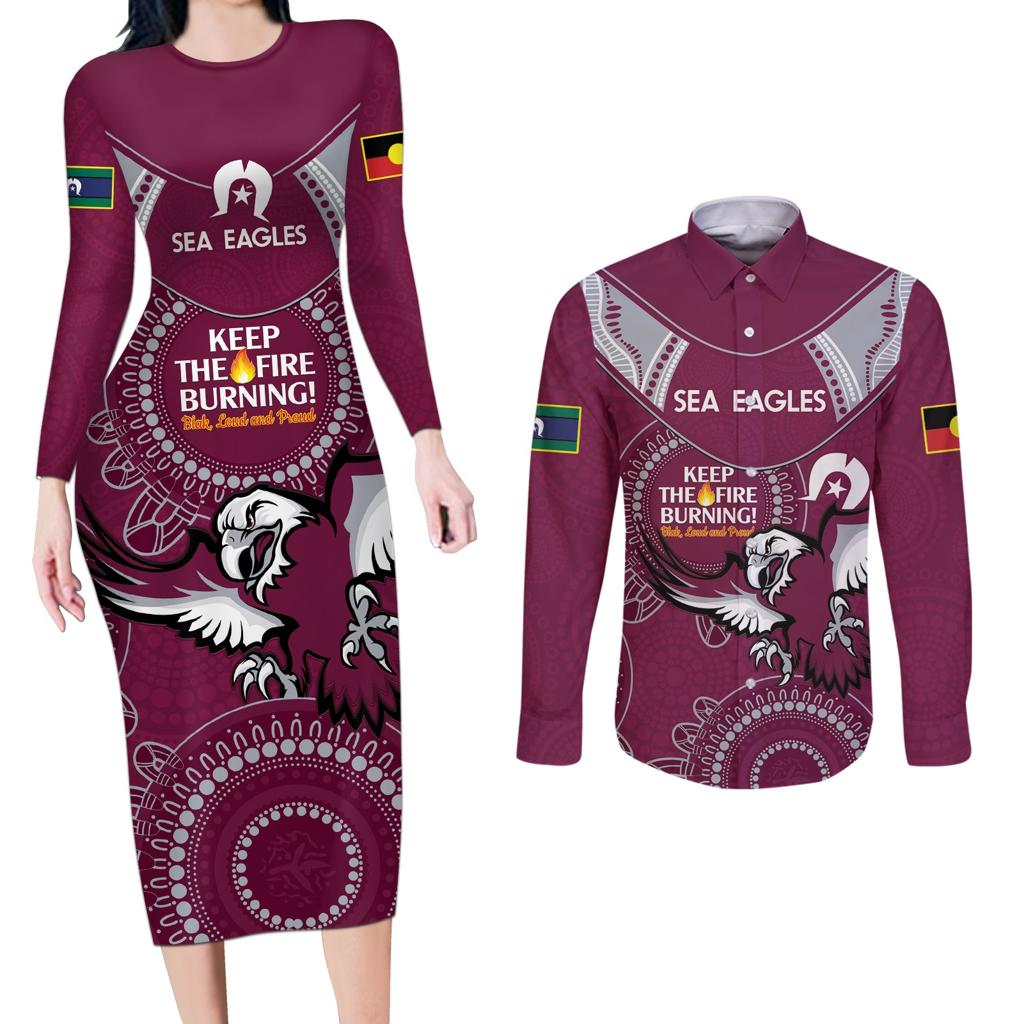 Custom NRL Sea Eagles NAIDOC Week Couples Matching Long Sleeve Bodycon Dress and Long Sleeve Button Shirt Keep The Fire Burning Indigenous Art