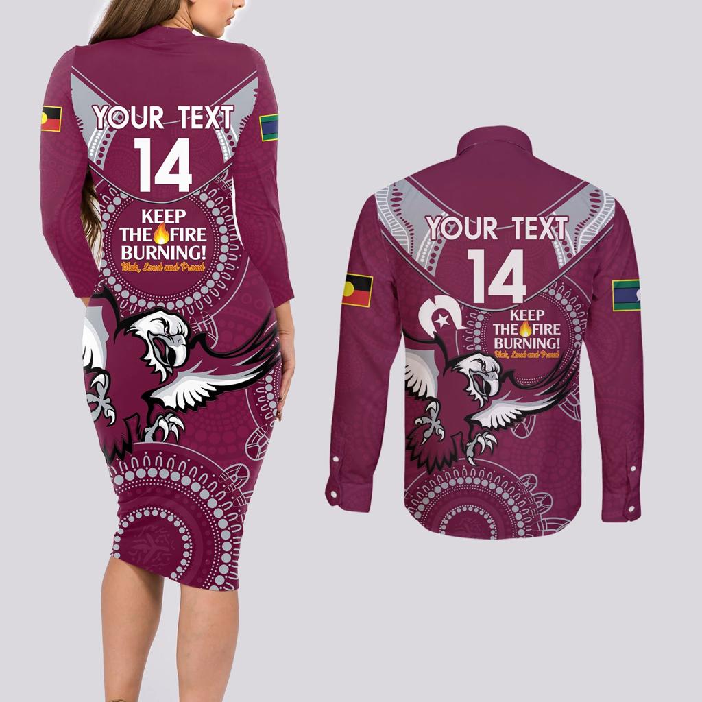 Custom NRL Sea Eagles NAIDOC Week Couples Matching Long Sleeve Bodycon Dress and Long Sleeve Button Shirt Keep The Fire Burning Indigenous Art