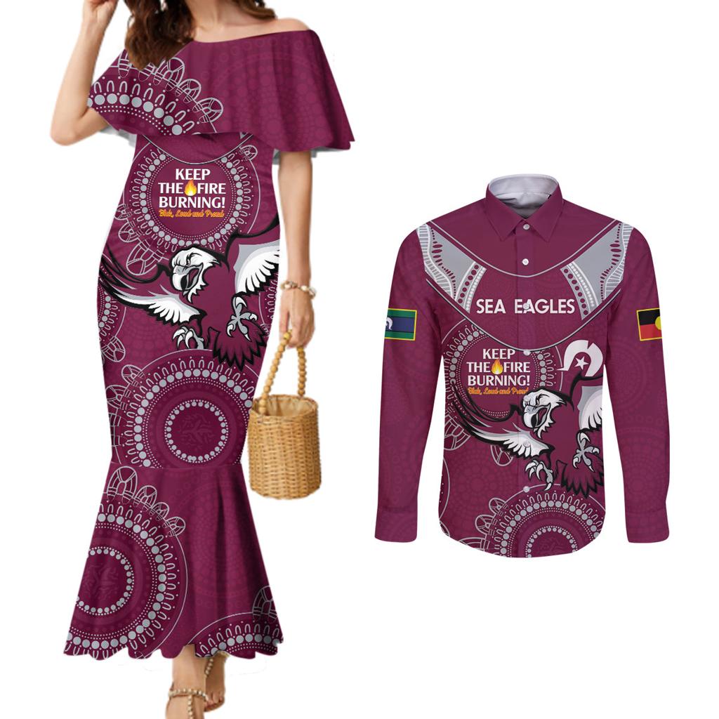 Custom NRL Sea Eagles NAIDOC Week Couples Matching Mermaid Dress and Long Sleeve Button Shirt Keep The Fire Burning Indigenous Art