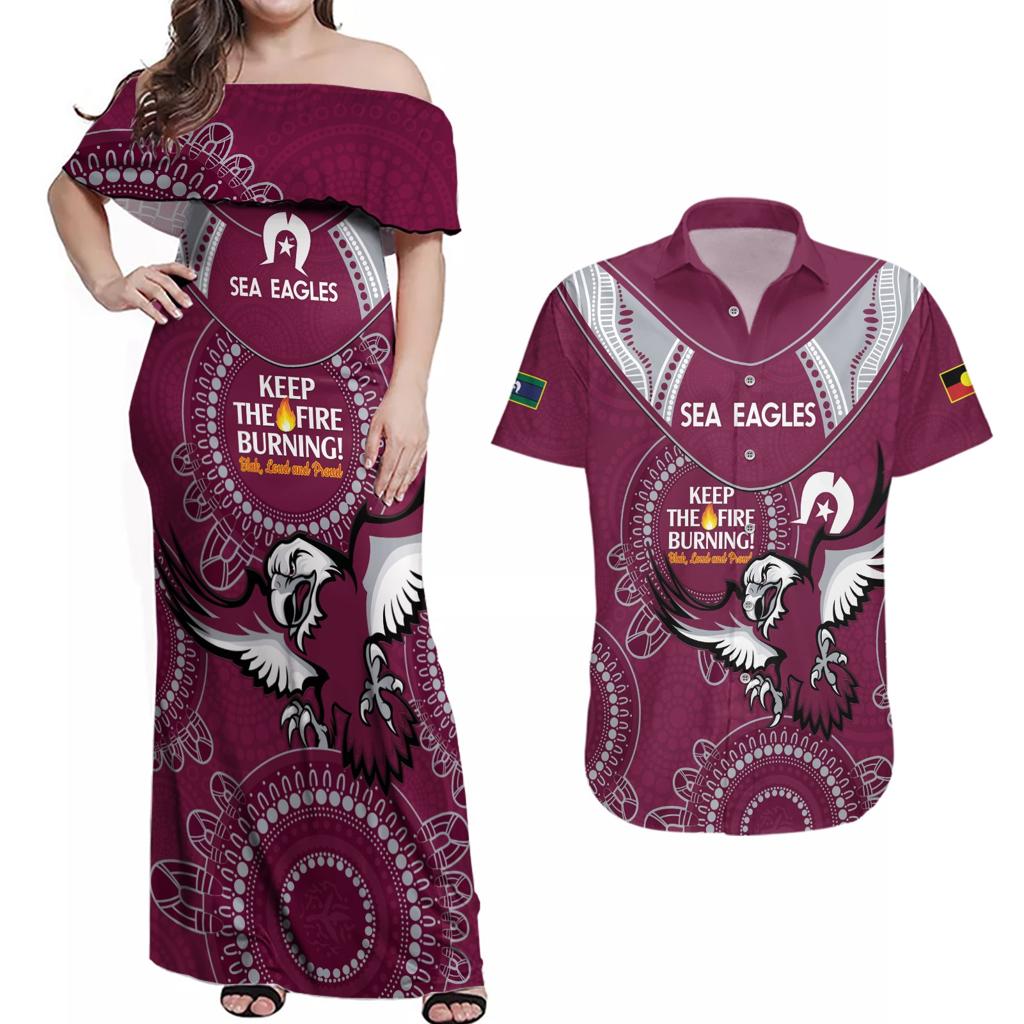Custom NRL Sea Eagles NAIDOC Week Couples Matching Off Shoulder Maxi Dress and Hawaiian Shirt Keep The Fire Burning Indigenous Art