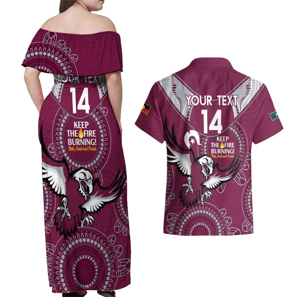 Custom NRL Sea Eagles NAIDOC Week Couples Matching Off Shoulder Maxi Dress and Hawaiian Shirt Keep The Fire Burning Indigenous Art