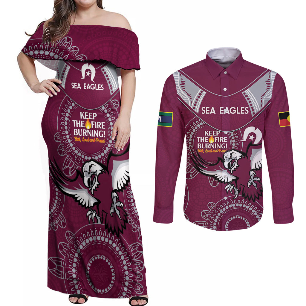 Custom NRL Sea Eagles NAIDOC Week Couples Matching Off Shoulder Maxi Dress and Long Sleeve Button Shirt Keep The Fire Burning Indigenous Art