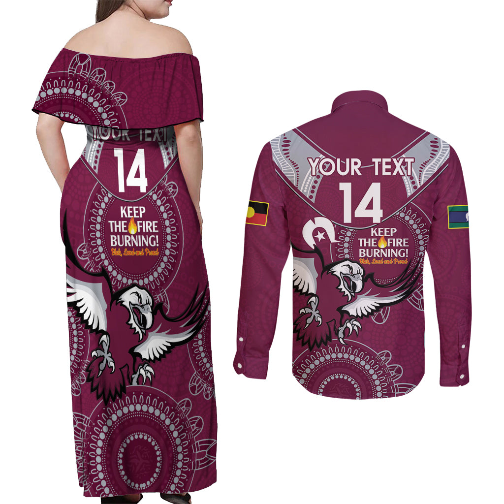 Custom NRL Sea Eagles NAIDOC Week Couples Matching Off Shoulder Maxi Dress and Long Sleeve Button Shirt Keep The Fire Burning Indigenous Art