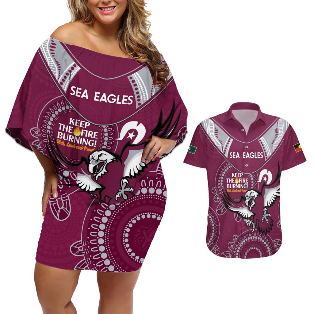 Custom NRL Sea Eagles NAIDOC Week Couples Matching Off Shoulder Short Dress and Hawaiian Shirt Keep The Fire Burning Indigenous Art