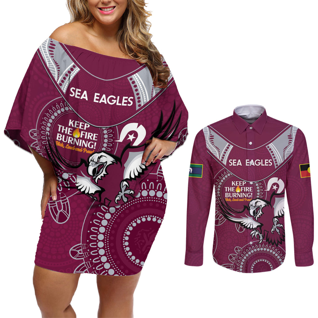Custom NRL Sea Eagles NAIDOC Week Couples Matching Off Shoulder Short Dress and Long Sleeve Button Shirt Keep The Fire Burning Indigenous Art