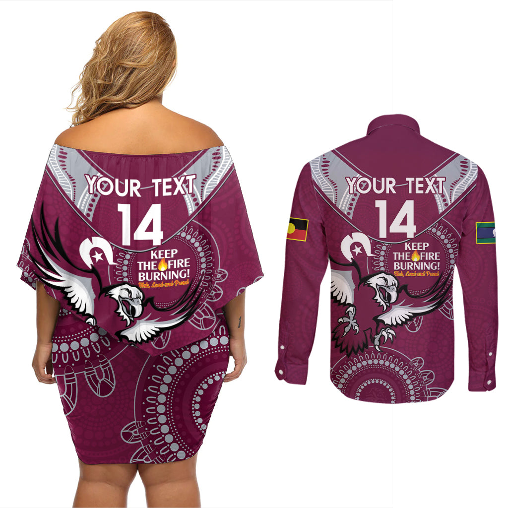 Custom NRL Sea Eagles NAIDOC Week Couples Matching Off Shoulder Short Dress and Long Sleeve Button Shirt Keep The Fire Burning Indigenous Art
