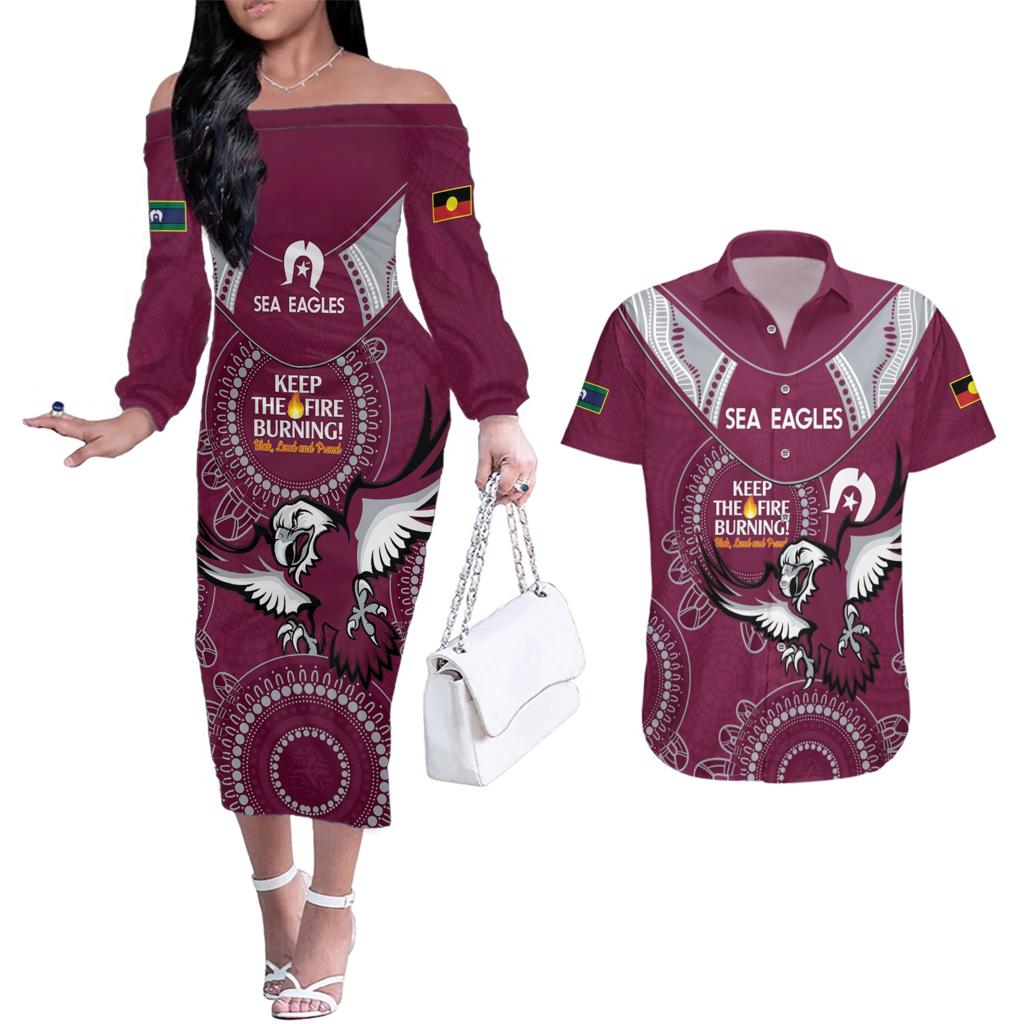 Custom NRL Sea Eagles NAIDOC Week Couples Matching Off The Shoulder Long Sleeve Dress and Hawaiian Shirt Keep The Fire Burning Indigenous Art