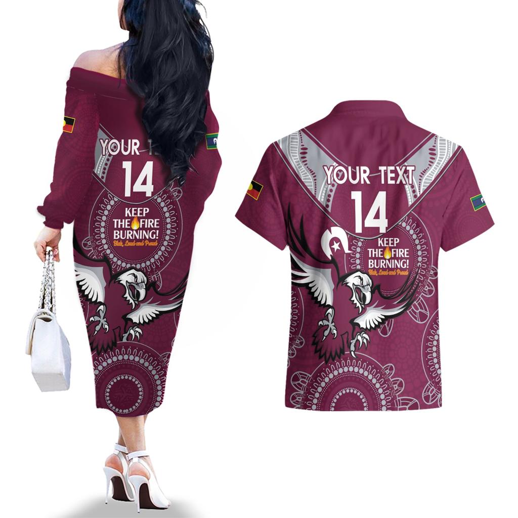 Custom NRL Sea Eagles NAIDOC Week Couples Matching Off The Shoulder Long Sleeve Dress and Hawaiian Shirt Keep The Fire Burning Indigenous Art