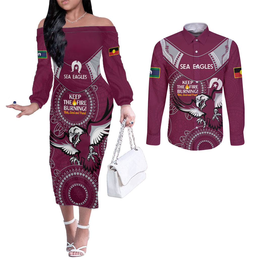 Custom NRL Sea Eagles NAIDOC Week Couples Matching Off The Shoulder Long Sleeve Dress and Long Sleeve Button Shirt Keep The Fire Burning Indigenous Art