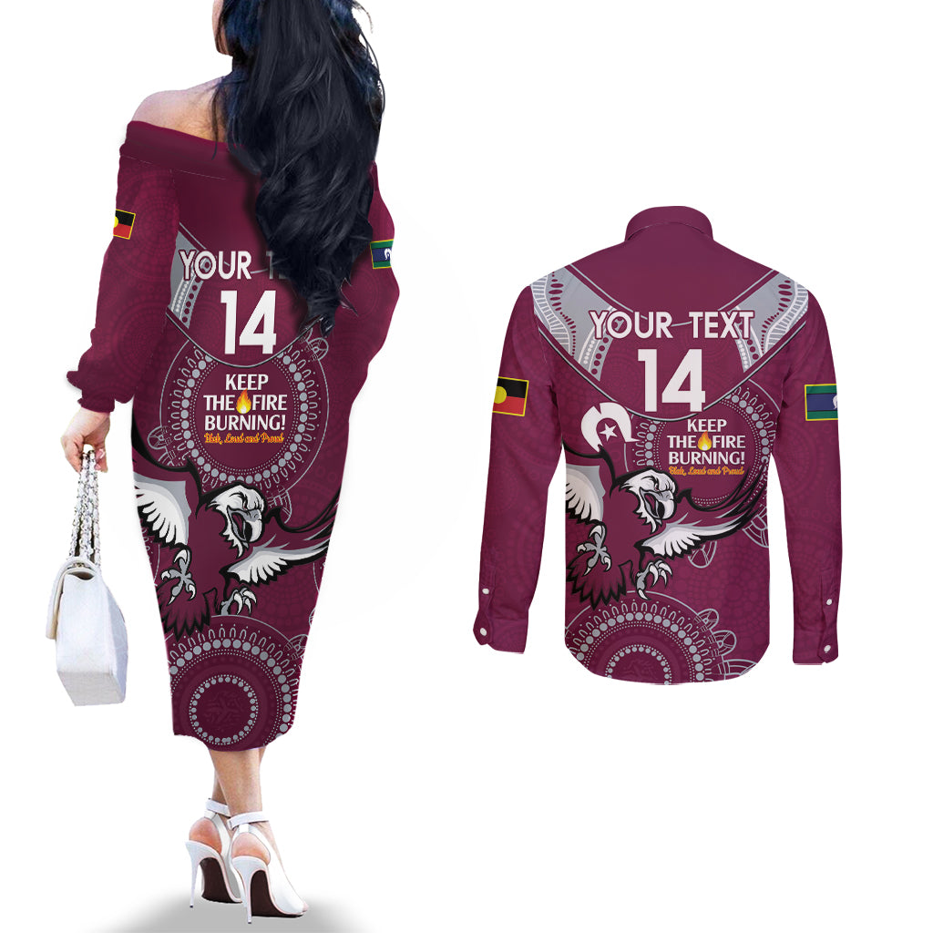 Custom NRL Sea Eagles NAIDOC Week Couples Matching Off The Shoulder Long Sleeve Dress and Long Sleeve Button Shirt Keep The Fire Burning Indigenous Art