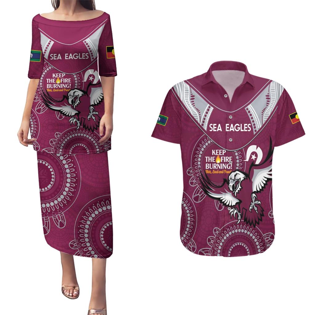 Custom NRL Sea Eagles NAIDOC Week Couples Matching Puletasi and Hawaiian Shirt Keep The Fire Burning Indigenous Art