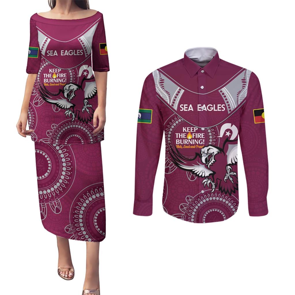 Custom NRL Sea Eagles NAIDOC Week Couples Matching Puletasi and Long Sleeve Button Shirt Keep The Fire Burning Indigenous Art