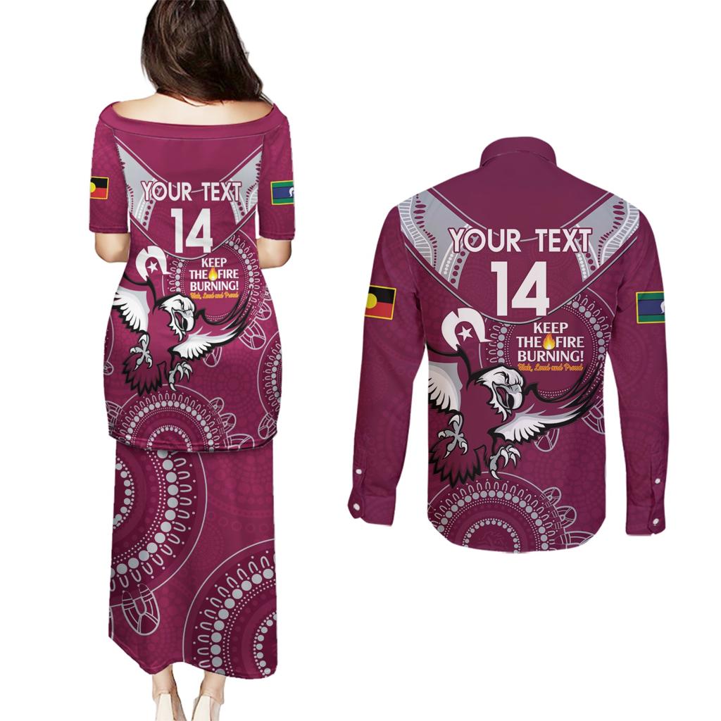Custom NRL Sea Eagles NAIDOC Week Couples Matching Puletasi and Long Sleeve Button Shirt Keep The Fire Burning Indigenous Art