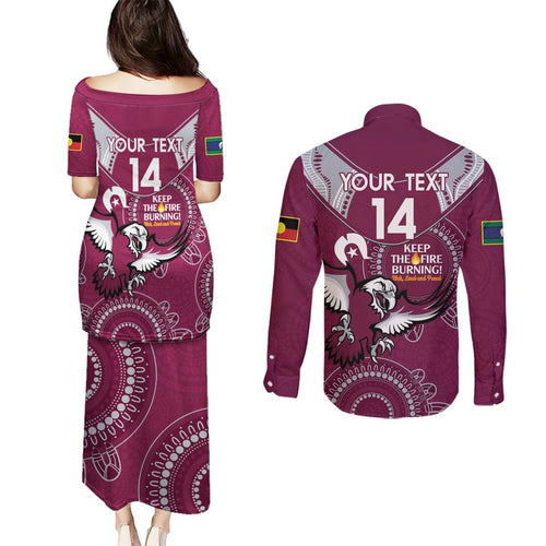Custom NRL Sea Eagles NAIDOC Week Couples Matching Puletasi and Long Sleeve Button Shirt Keep The Fire Burning Indigenous Art