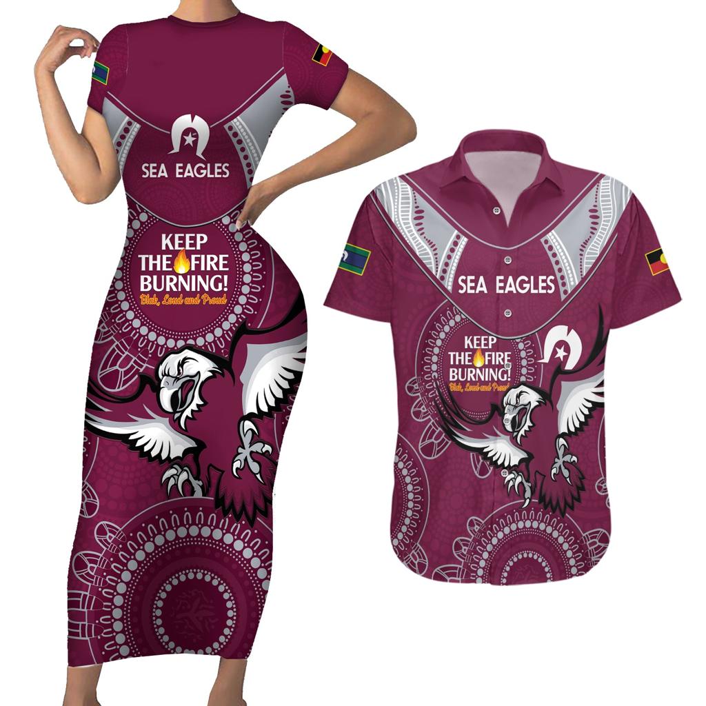 Custom NRL Sea Eagles NAIDOC Week Couples Matching Short Sleeve Bodycon Dress and Hawaiian Shirt Keep The Fire Burning Indigenous Art