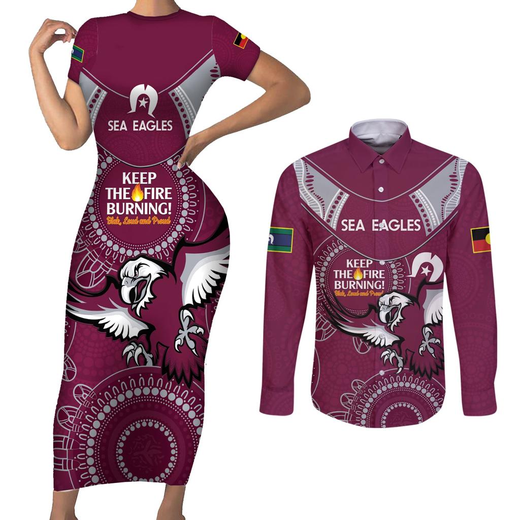 Custom NRL Sea Eagles NAIDOC Week Couples Matching Short Sleeve Bodycon Dress and Long Sleeve Button Shirt Keep The Fire Burning Indigenous Art