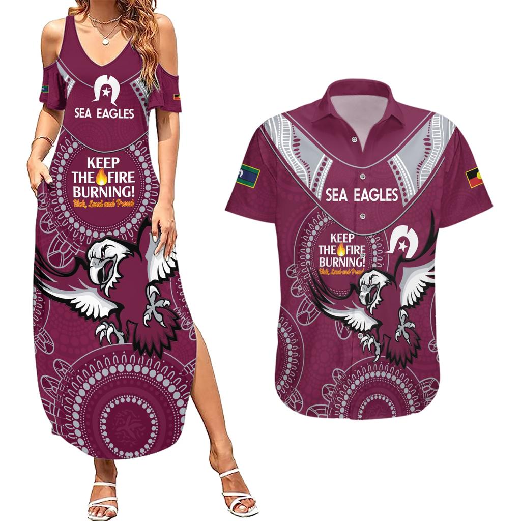 Custom NRL Sea Eagles NAIDOC Week Couples Matching Summer Maxi Dress and Hawaiian Shirt Keep The Fire Burning Indigenous Art