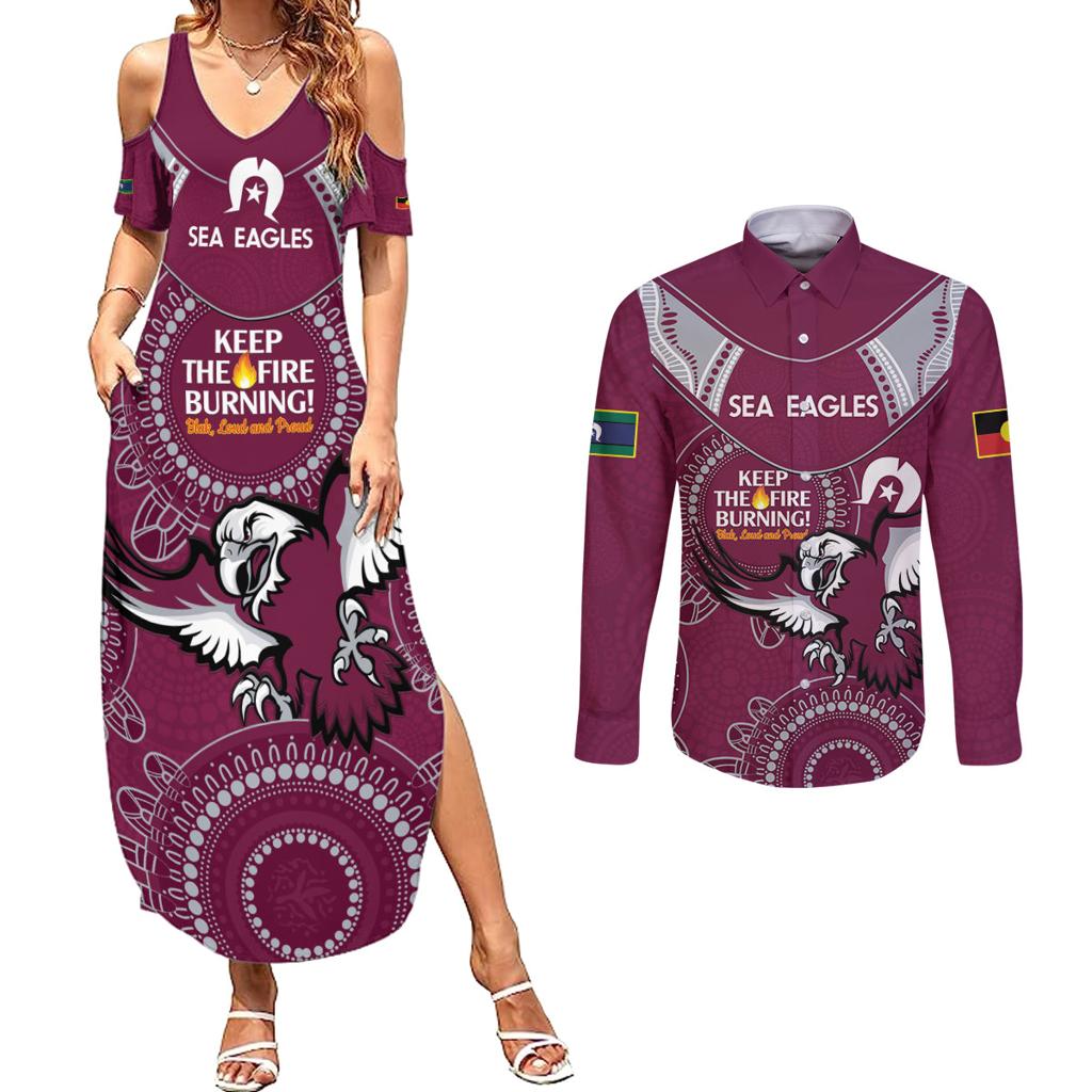 Custom NRL Sea Eagles NAIDOC Week Couples Matching Summer Maxi Dress and Long Sleeve Button Shirt Keep The Fire Burning Indigenous Art