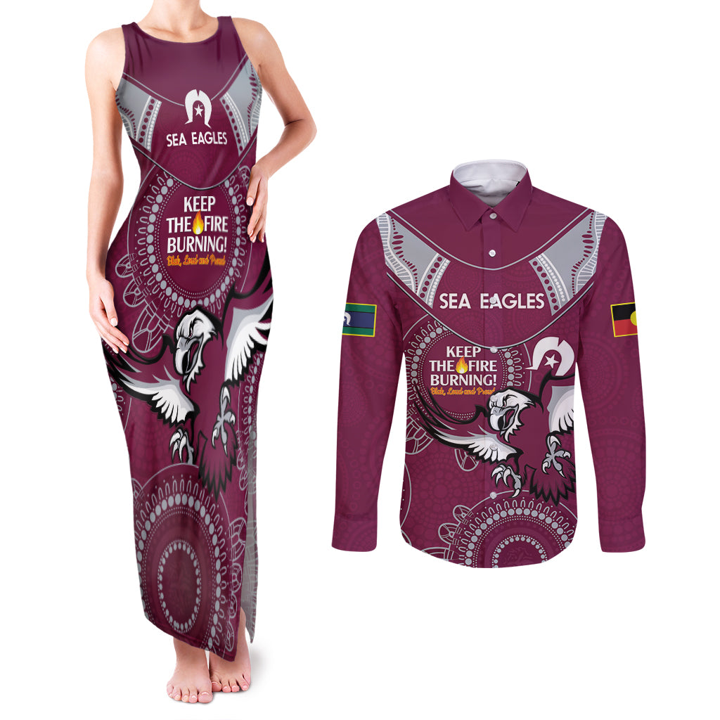 Custom NRL Sea Eagles NAIDOC Week Couples Matching Tank Maxi Dress and Long Sleeve Button Shirt Keep The Fire Burning Indigenous Art