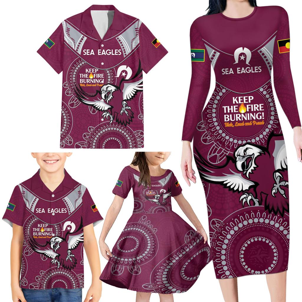 Custom NRL Sea Eagles NAIDOC Week Family Matching Long Sleeve Bodycon Dress and Hawaiian Shirt Keep The Fire Burning Indigenous Art