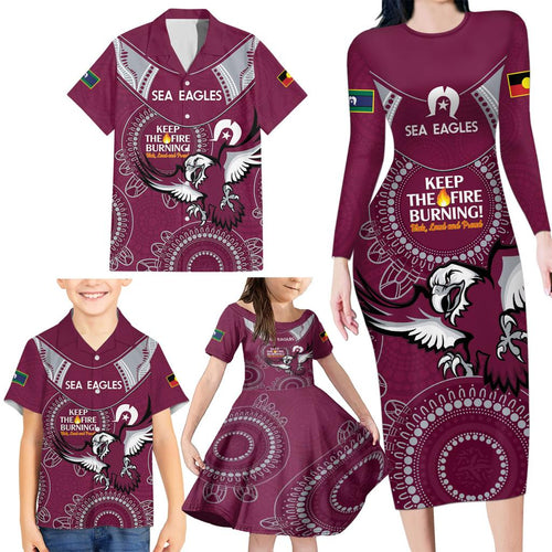 Custom NRL Sea Eagles NAIDOC Week Family Matching Long Sleeve Bodycon Dress and Hawaiian Shirt Keep The Fire Burning Indigenous Art