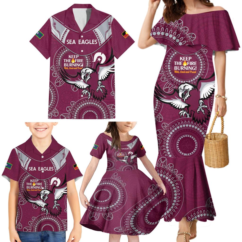 Custom NRL Sea Eagles NAIDOC Week Family Matching Mermaid Dress and Hawaiian Shirt Keep The Fire Burning Indigenous Art