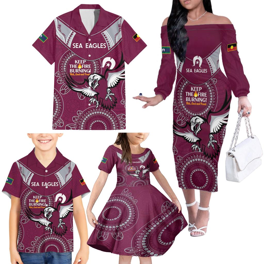 Custom NRL Sea Eagles NAIDOC Week Family Matching Off The Shoulder Long Sleeve Dress and Hawaiian Shirt Keep The Fire Burning Indigenous Art